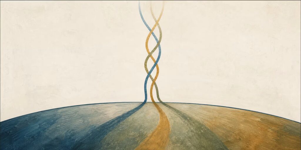 Abstract editorial illustration of three thin, softly glowing threads in petrol blue, ochre, and muted olive-green rising from a subtle curved horizon line and loosely braiding together without fully merging, on a warm off-white background with visible brushwork and generous empty space above.